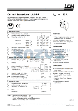 LA55P datasheet - Current Transducer LA 55-P