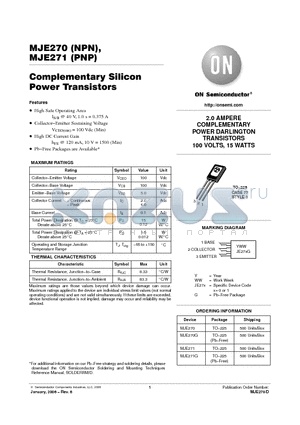 MJE270G datasheet - 2.0 AMPERE COMPLEMENTARY POWER DARLINGTON TRANSISTORS 100 VOLTS, 15 WATTS