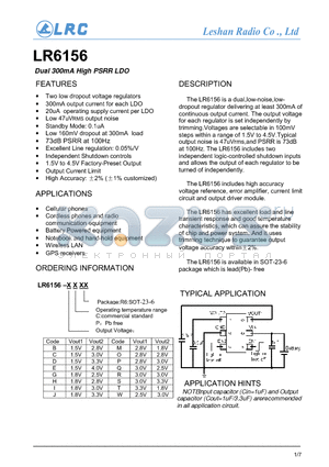 LR6156 datasheet - Dual 300mA High PSRR LDO Two low dropout voltage regulators