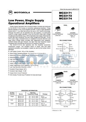 MC33171 datasheet - Low Power, Single Supply Operational Amplifiers