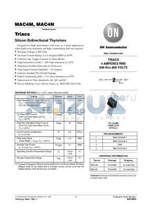 MAC4N datasheet - TRIACS, Silicon Bidirectional Thyristors