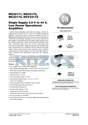 MC33171DR2 datasheet - Single Supply 3.0 V to 44 V, Low Power Operational Amplifiers