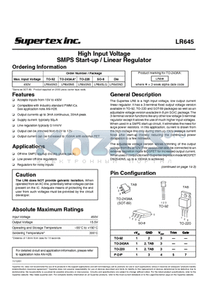 LR645N5 datasheet - High Input Voltage SMPS Start-up / Linear Regulator