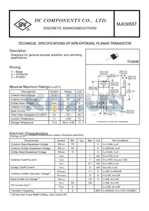 MJE3055T datasheet - TECHNICAL SPECIFICATIONS OF NPN EPITAXIAL PLANAR TRANSISTOR