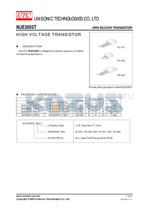MJE3055T-TA3-T datasheet - HIGH VOLTAGE TRANSISTOR
