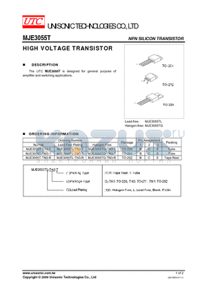 MJE3055T-TA3-T datasheet - HIGH VOLTAGE TRANSISTOR