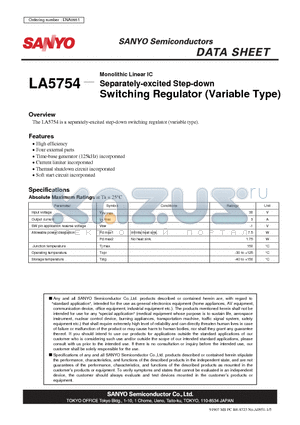 LA5754 datasheet - Monolithic Linear IC Separately-excited Step-down Switching Regulator (Variable Type)