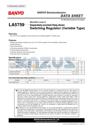 LA5759 datasheet - Monolithic Linear IC Separately-excited Step-down Switching Regulator (Variable Type)