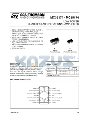 MC33174N datasheet - LOW POWER QUAD BIPOLAR OPERATIONAL AMPLIFIERS