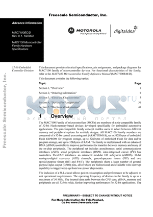 MAC7100MPV datasheet - MAC7100 Microcontroller Family Hardware Specifications