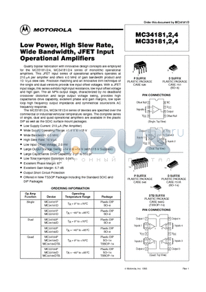 MC33182P datasheet - Low Power, High Slew Rate, Wide Bandwidth, JFET Input Operational Amplifiers