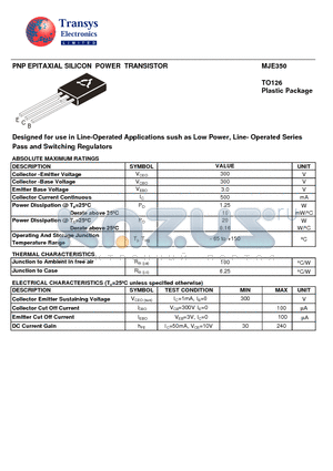 MJE350 datasheet - PNP EPITAXIAL SILICON POWER TRANSISTOR
