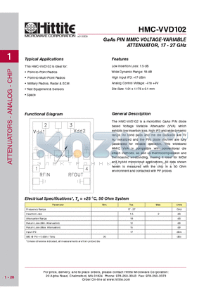 HMC-VVD102 datasheet - GaAs PIN MMIC VOLTAGE-VARIABLE ATTENUATOR, 17 - 27 GHz