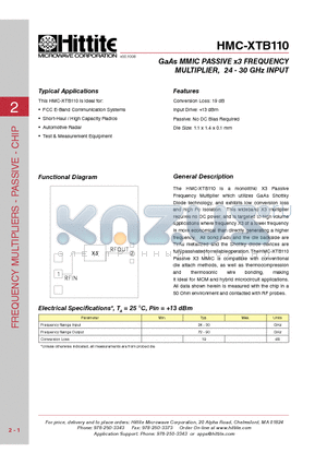 HMC-XTB110 datasheet - GaAs MMIC PASSIVE x3 FREQUENCY MULTIPLIER, 24 - 30 GHz INPUT