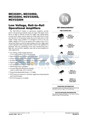 MC33201PG datasheet - Low Voltage, Rail−to−Rail Operational Amplifiers