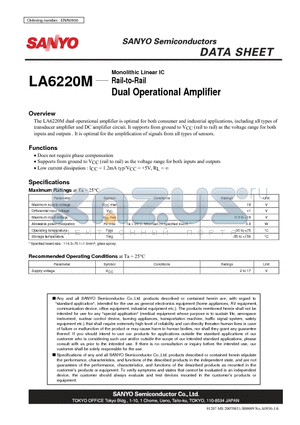 LA6220M datasheet - Monolithic Linear IC Rail-to-Rail Dual Operational Amplifier
