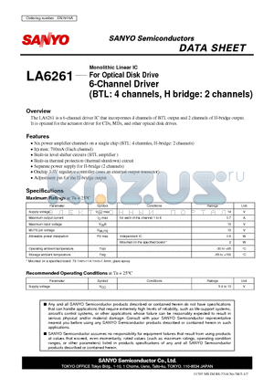 LA6261_07 datasheet - For Optical Disk Drive 6-Channel Driver (BTL: 4 channels, H bridge: 2 channels)