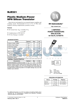 MJE521 datasheet - Plastic Medium−Power NPN Silicon Transistor