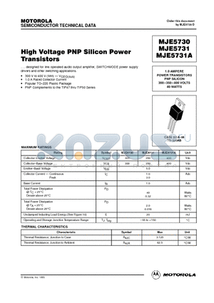 MJE5730 datasheet - 1.0 AMPERE POWER TRANSISTORS PNP SILICON 300-350-400 VOLTS 40 WATTS