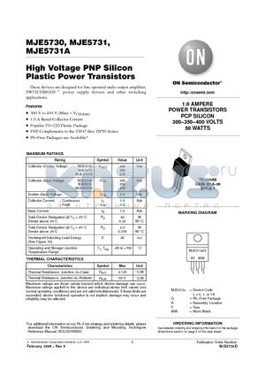 MJE5730 datasheet - High Voltage PNP Silicon Plastic Power Transistors