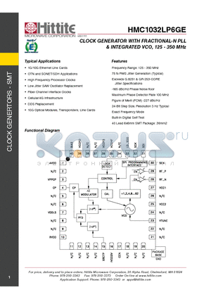 HMC1032LP6GE datasheet - Clock Generator with Fractional-N PLL