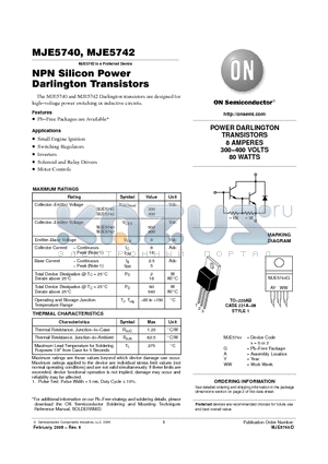 MJE5742G datasheet - NPN Silicon Power Darlington Transistors 8 AMPERES 300−400 VOLTS 80 WATTS