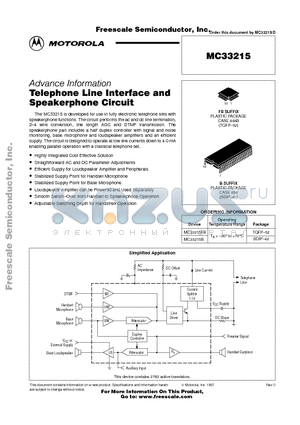 MC33215 datasheet - Telephone Line Interface and Speakerphone Circuit