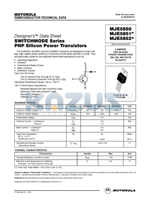 MJE5851 datasheet - 8 AMPERE PNP SILICON POWER TRANSISTORS 300- 350- 400 VOLTS 80 WATTS