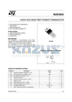 MJE5852 datasheet - HIGH VOLTAGE PNP POWER TRANSISTOR