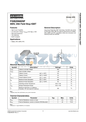 FGB20N60SF datasheet - 600V, 20A Field Stop IGBT