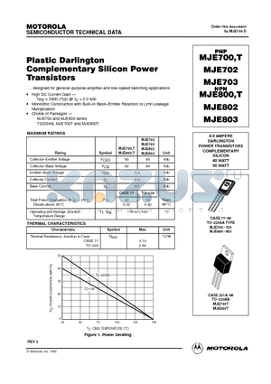 MJE700 datasheet - 4.0 AMPERE DARLINGTON POWER TRANSISTORS COMPLEMENTARY SILICON 40 WATT 50 WATT