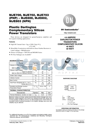 MJE700G datasheet - 4.0 AMPERE DARLINGTON POWER TRANSISTORS COMPLEMENTARY SILICON 40 WATT 50 WATT