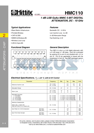 HMC110 datasheet - 1 dB LSB GaAs MMIC 5-BIT DIGITAL ATTENUATOR, DC - 10 GHz