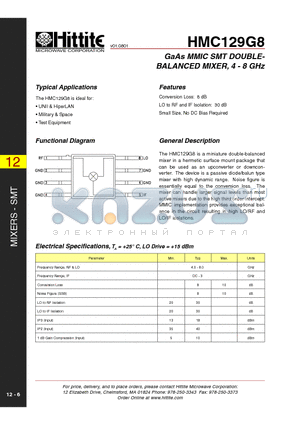 HMC129G8 datasheet - GaAs MMIC SMT DOUBLEBALANCED MIXER, 4 - 8 GHz