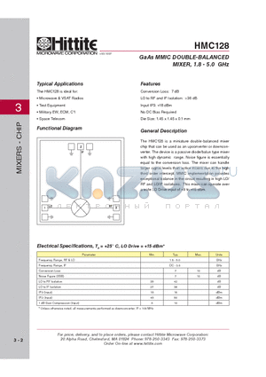 HMC128_07 datasheet - GaAs MMIC DOUBLE-BALANCED MIXER, 1.8 - 5.0 GHz