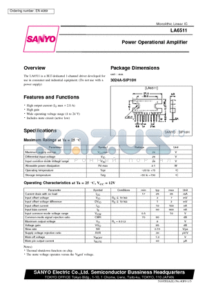 LA6511 datasheet - Power Operational Amplifier