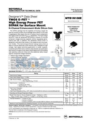MTB1N100E datasheet - TMOS POWER FET 1.0 AMPERES 1000 VOLTS