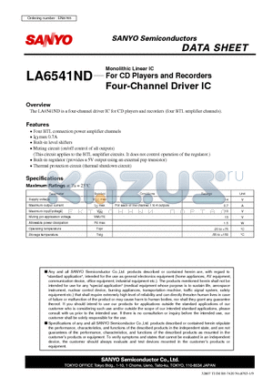 LA6541ND datasheet - Monolithic Linear IC For CD Players and Recorders Four-Channel Driver IC