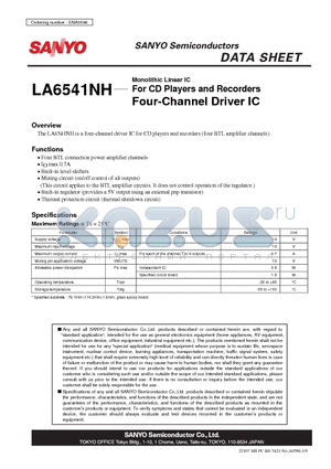 LA6541NH datasheet - For CD Players and Recorders Four-Channel Driver IC