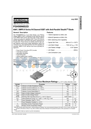 FGH50N6S2D datasheet - 600V, SMPS II Series N-Channel IGBT with Anti-Parallel StealthTM Diode