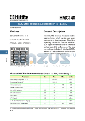 HMC140 datasheet - GaAs MMIC DOUBLE-BALANCED MIXER 1.0 - 2.0 GHz