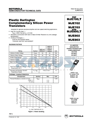 MJE803 datasheet - 4.0 AMPERE DARLINGTON POWER TRANSISTORS COMPLEMENTARY SILICON 40 WATT 50 WATT