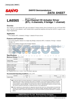 LA6565 datasheet - Five-Channel CD Actuator Driver