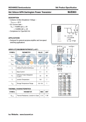 MJE803 datasheet - isc Silicon NPN Darlington Power Transistor