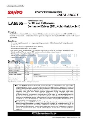 LA6565 datasheet - For CD and DVD players 5-channel Driver (BTL:4ch,H-bridge:1ch)