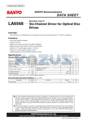 LA6568 datasheet - Six-Channel Driver for Optical Disc