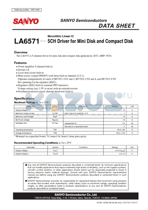 LA6571 datasheet - 5CH Driver for Mini Disk and Compact Disk