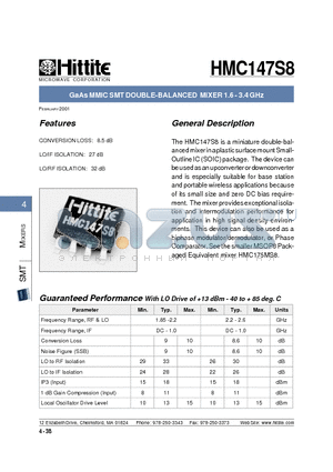 HMC147S8 datasheet - GaAs MMIC SMT DOUBLE-BALANCED MIXER 1.6 - 3.4 GHz
