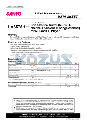 LA6575H datasheet - Five-Channel Driver (four BTL channels plus one H bridge channel) for MD and CD Player