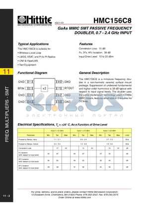 HMC156C8 datasheet - GaAs MMIC SMT PASSIVE FREQUENCY DOUBLER, 0.7 - 2.4 GHz INPUT